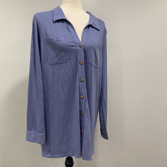 J JILL NWT L Blue Button Up Cotton Modal Tunic Roll Tab Blouse Beachy Lagenlook - Picture 6 of 16